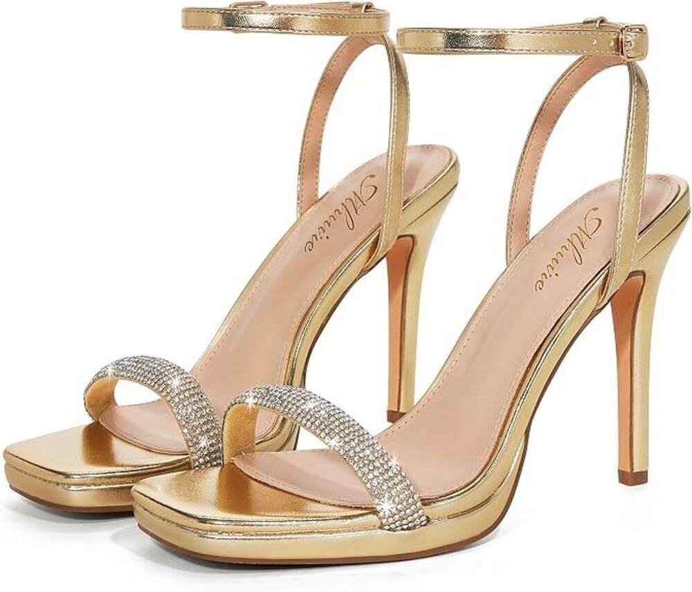 Mhuire Womens Gold Rhinestone High Heel Sandals Size 8 Strappy Dress Shoes NEW!
